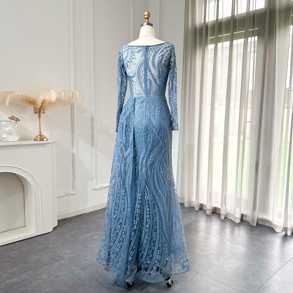 Dreamy Vow Luxury Dubai Blue Mermaid Muslim Evening Dress Overskirt Long Sleeve Plus Size Women Wedding Guest Party Gowns 141