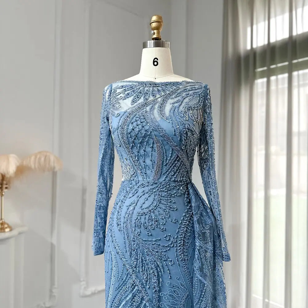Luxury Blue Long Sleeves Evening Dress with Overskirt SS141 Luxury Blue Long Sleeves Evening Dress with Overskirt SS141
