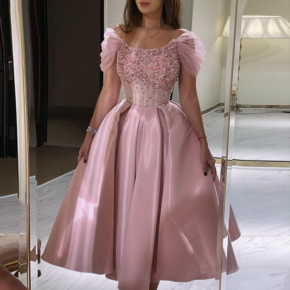 Dreamy Vow Luxury Dubai Blush Pink Arabic Evening Dress with Cape Ankle Length Short Midi Women Wedding Party Dress 392