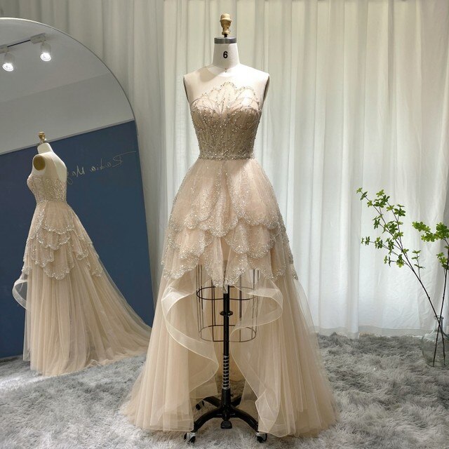 Dreamy Vow Luxury Dubai Champagne High Low Evening Dress Elegant Tiered Short Front Long Back Arabic Prom Party Gowns 249
