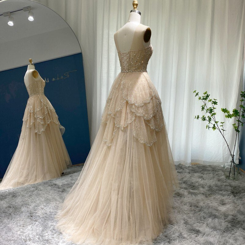 Dreamy Vow Luxury Dubai Champagne High Low Evening Dress Elegant Tiered Short Front Long Back Arabic Prom Party Gowns 249