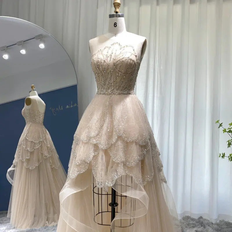gold dress short in front long in back New Front Short Long Back Strapless Wedding Dress Sweet Bride Dress With Train