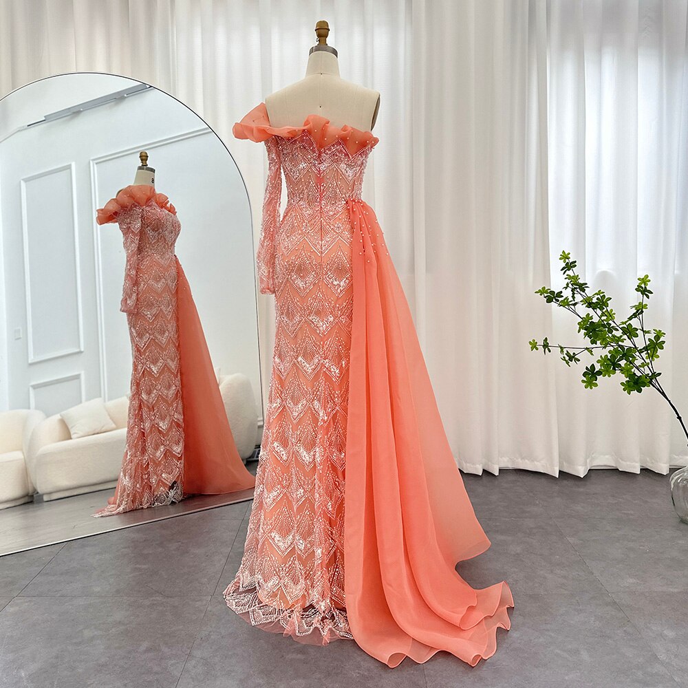 Dreamy Vow Luxury Dubai Coral Mermaid Evening Dresses for Women Wedding Elegant Scalloped One Shoulder Formal Party Gown 370