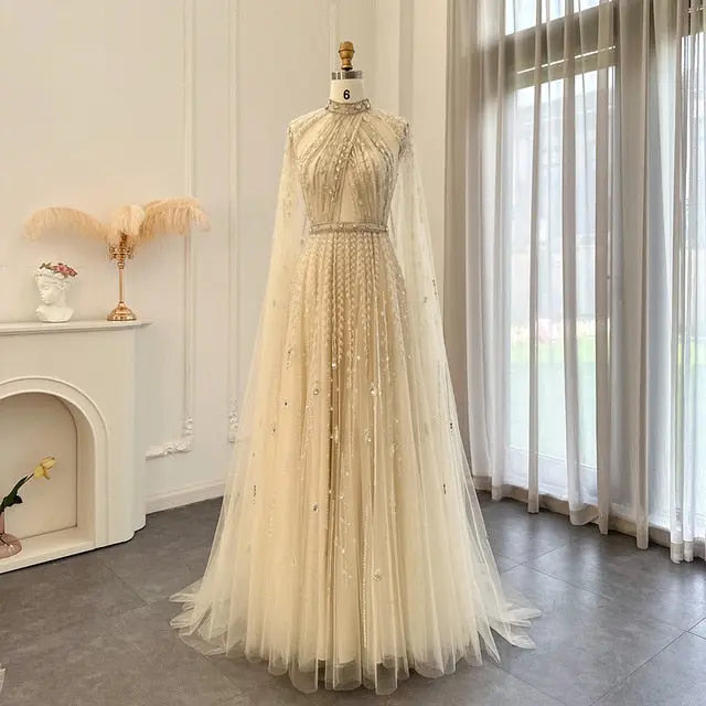 Luxury Beaded Evening Dress with Cape Sleeve SS495 Luxury Beaded Evening Dress with Cape Sleeve SS495