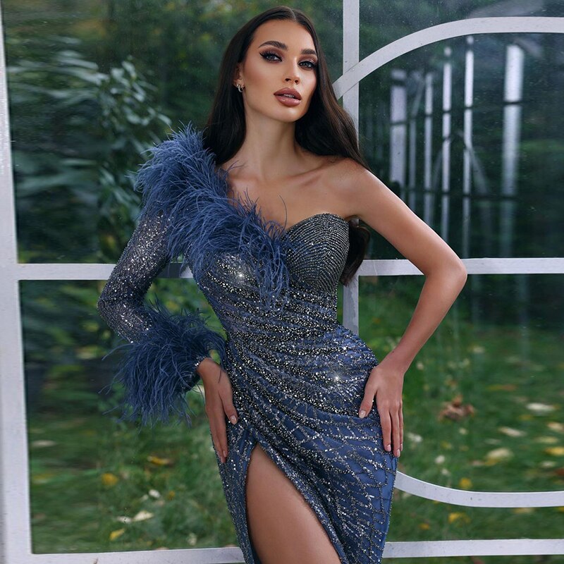 Dreamy Vow Luxury Dubai Feather Blue Mermaid Evening Dress Sexy One Shoulder High Slit Prom Party Dress for Women Wedding 229