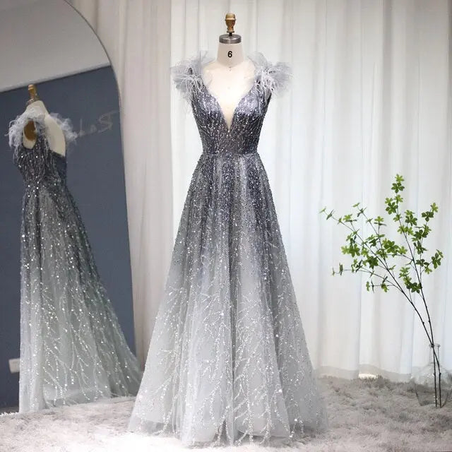 Final Sale Luxury V-Neck Beaded Blue Feathers Evening Dress SS335 Final Sale Luxury V-Neck Beaded Blue Feathers Evening Dress SS335