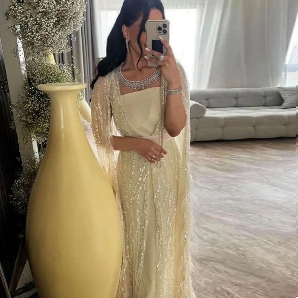 [FINAL Sale]Luxury Feathers Yellow Evening Dress with Cape Sleeves SS420