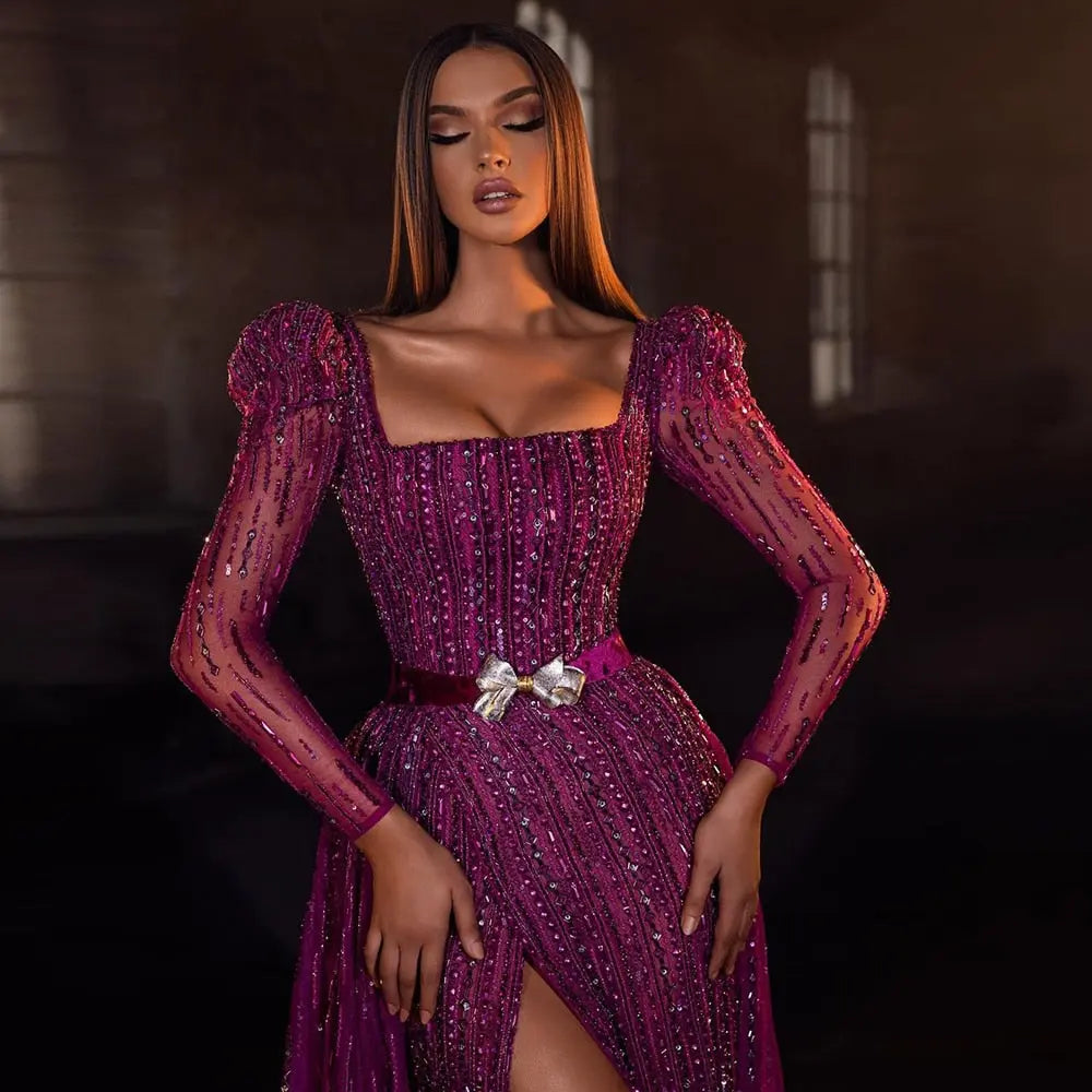 Final Sale Fuchsia Long Sleeve Evening Dress with Overskirt SS318