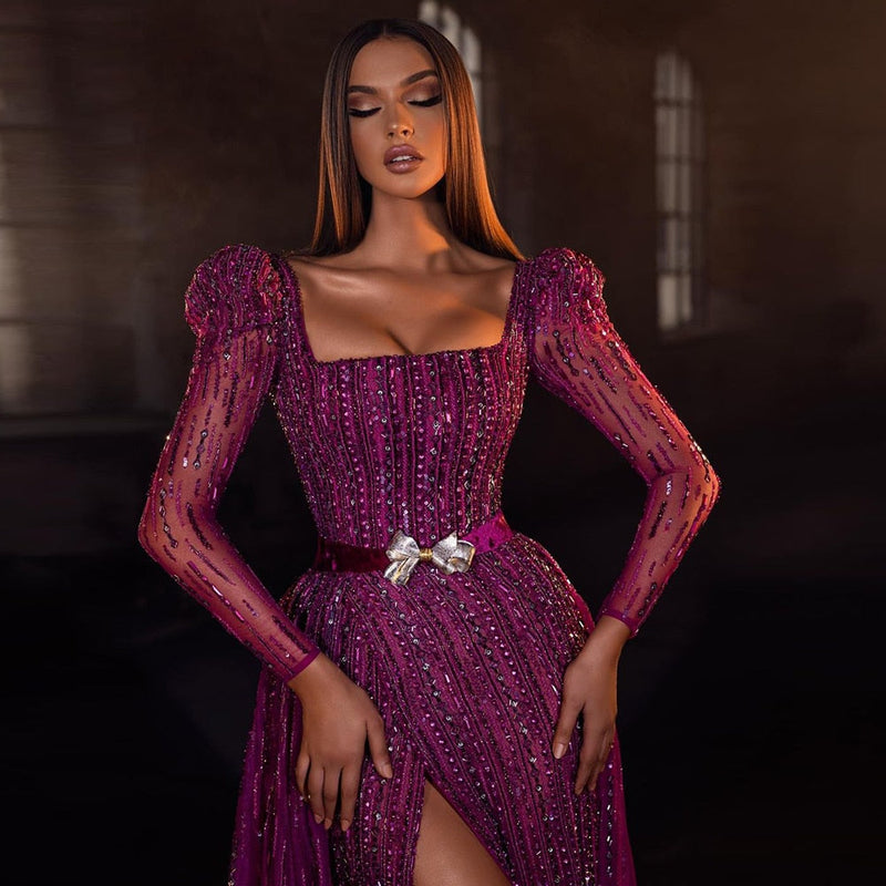 Dreamy Vow Luxury Dubai Fuchsia Evening Dresses for Women Wedding Elegant Long Sleeve Overskirt Arabic Formal Party Gowns 318