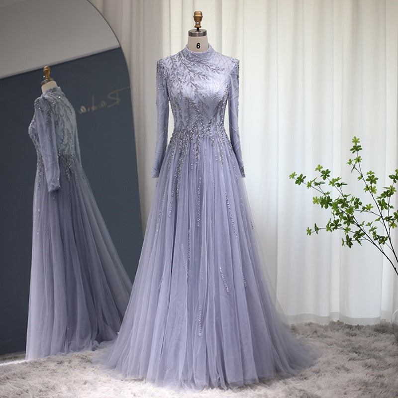 Dreamy Vow Luxury Dubai Grey Blue Muslim Evening Dress Long Sleeve Elegant Women Arabic Formal Dresses for Wedding Party 506