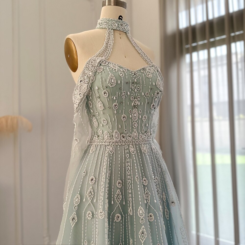 Dreamy Vow Luxury Dubai Light Blue Evening Dress for Women Wedding Elegant Off Shoulder Beaded Arabic Formal Party Gowns 418