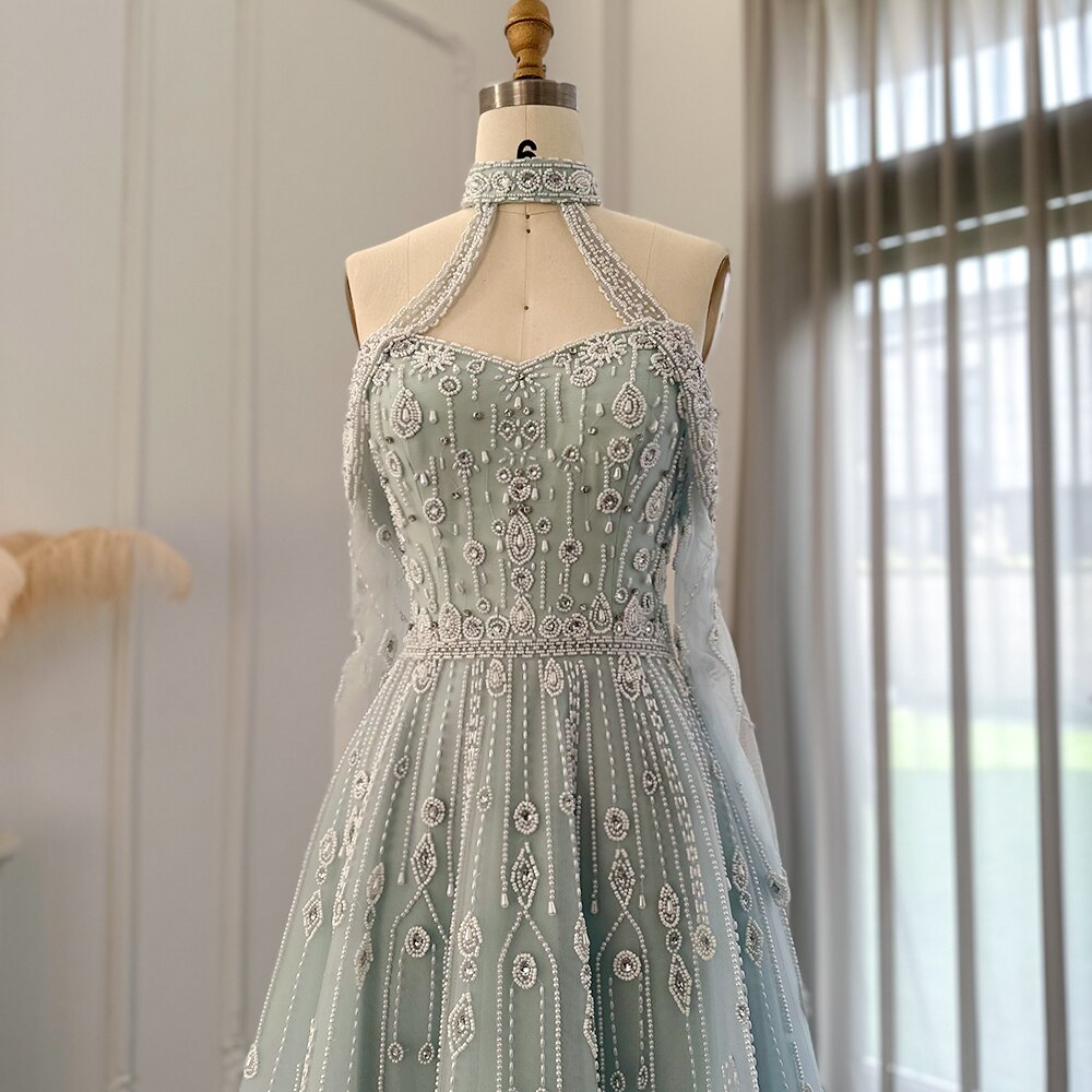 Dreamy Vow Luxury Dubai Light Blue Evening Dress for Women Wedding Elegant Off Shoulder Beaded Arabic Formal Party Gowns 418