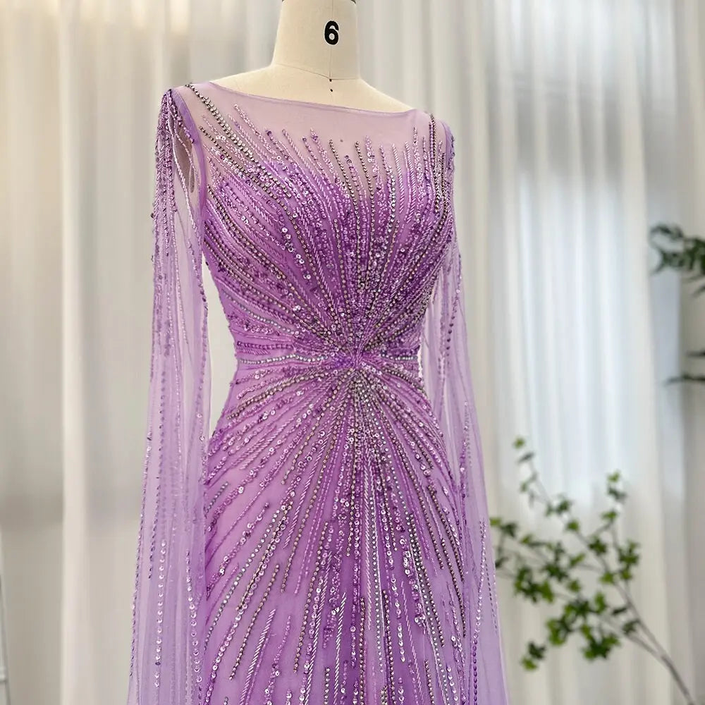 DreamyVow Luxury Dubai Lilac Feathers Evening Dresses with Cape Sleeves 2023 Arabic Long Women Wedding Party Prom Dress 196