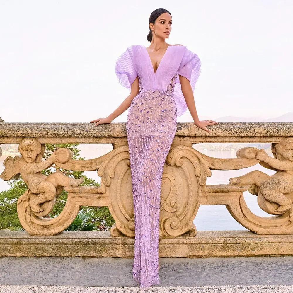 Luxury Off Shoulder Lilac Evening Dress SS327 - SHARONSAID