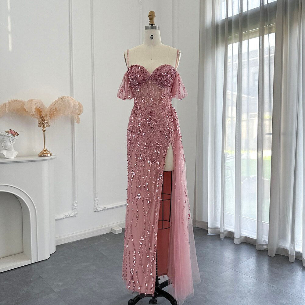 Dreamy Vow Luxury Dubai Mermaid Pink Evening Dresses for Women Wedding Spaghetti Straps High Slit Blue Prom Party Gowns 356