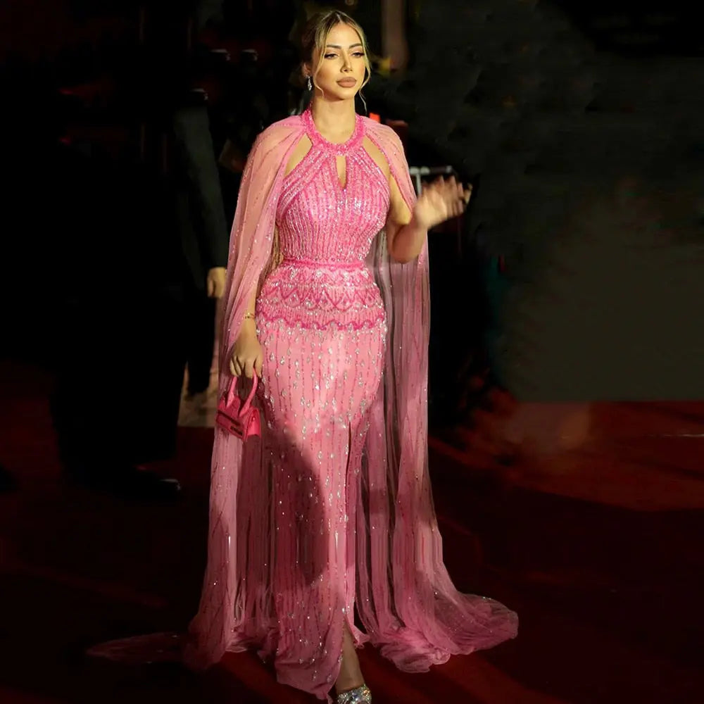 Final Sale Luxury Fuchsia Evening Dress with Cape Sleeves SS361