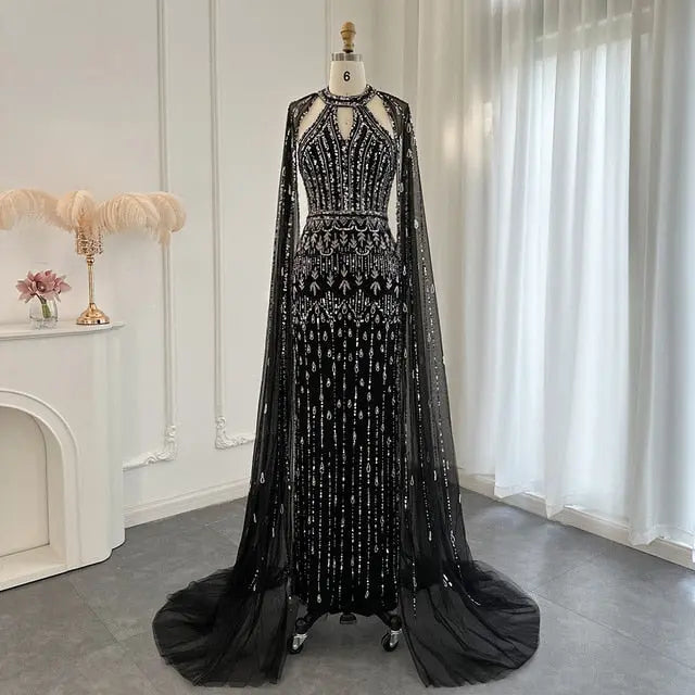 DreamyVow Luxury Dubai Mermaid Pink Evening Dresses with Cape Sleeves 2023 Arabic Women Wedding Guest Formal Party Gowns 361
