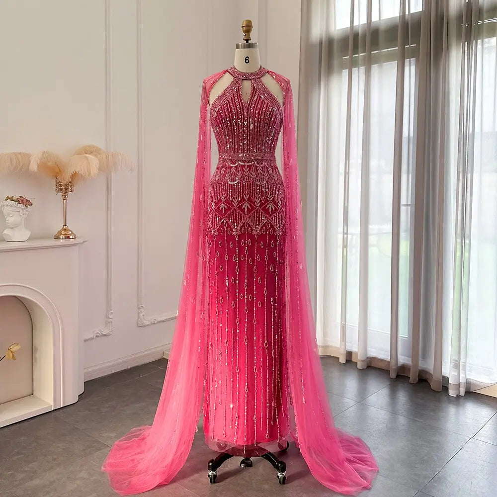 Final Sale Luxury Fuchsia Evening Dress with Cape Sleeves SS361 Final Sale Luxury Fuchsia Evening Dress with Cape Sleeves SS361