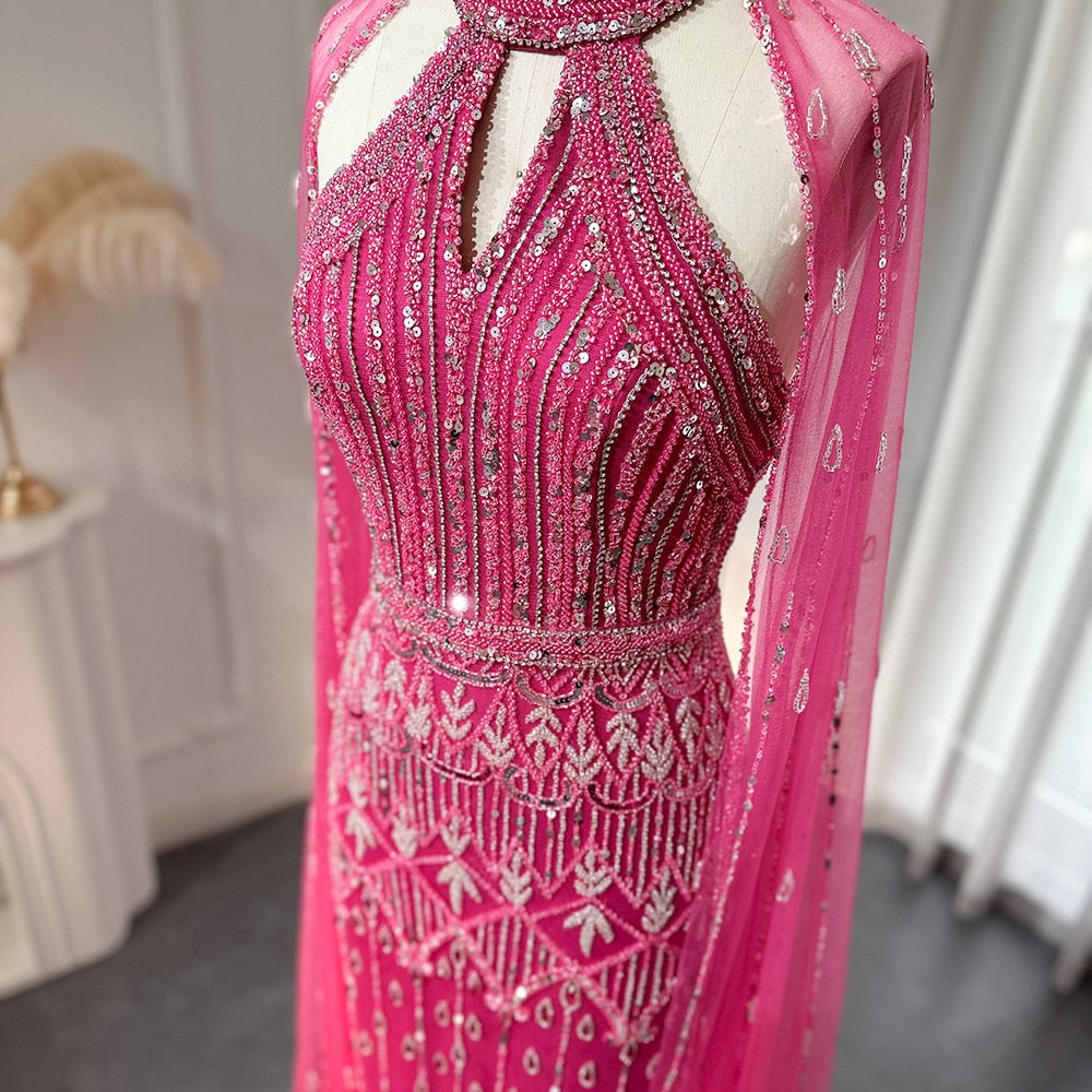 DreamyVow Luxury Dubai Mermaid Pink Evening Dresses with Cape Sleeves 2023 Arabic Women Wedding Guest Formal Party Gowns 361