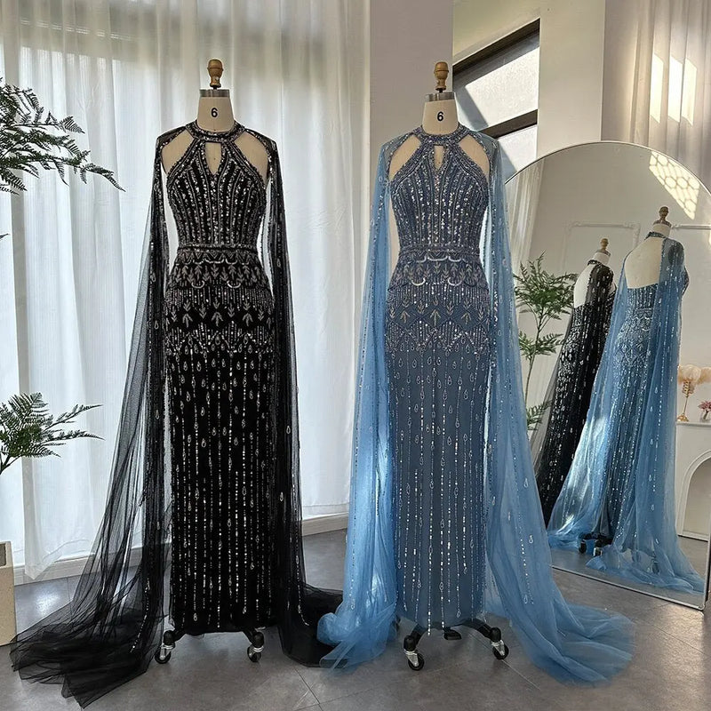 DreamyVow Luxury Dubai Mermaid Pink Evening Dresses with Cape Sleeves 2023 Arabic Women Wedding Guest Formal Party Gowns 361