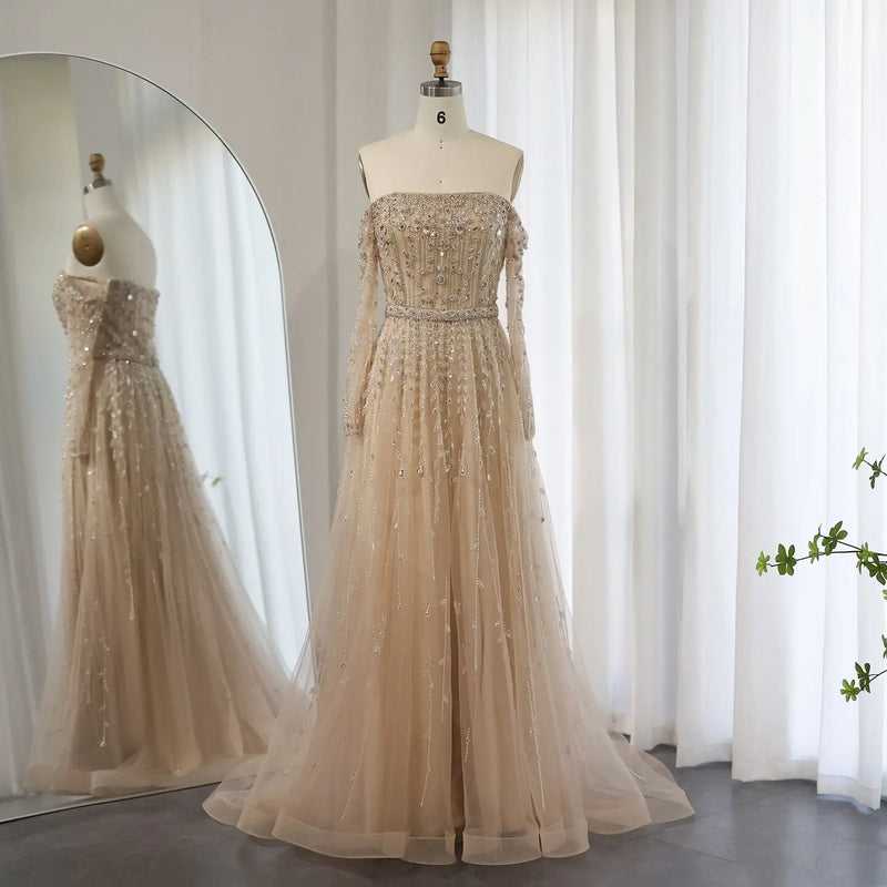 Dreamy Vow Luxury Dubai Nude Evening Dress 2023 Elegant Off Shoulder Long Sleeves Arabic Lilac Women Wedding Pary Gowns 489