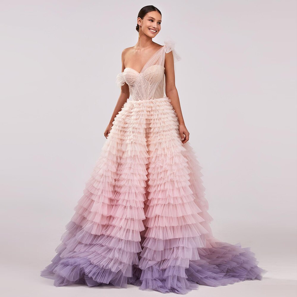Dreamy Vow Luxury Dubai Ombre Pink Lilac Evening Dress for Women Wedding Elegant One Shoulder Long Ball Gown Prom Dresses 085