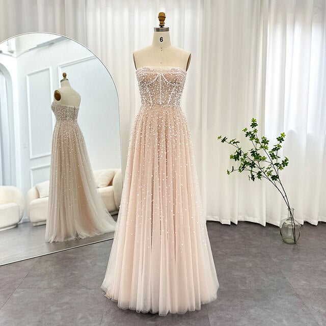 Dreamy Vow Luxury Dubai Pearls White Nude Arabic Evening Dresses with Gloves Elegant Women Wedding Bridal Party Gowns 373