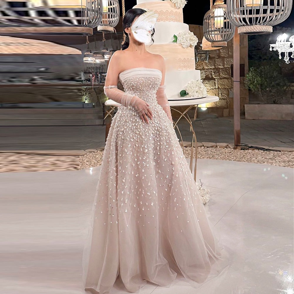 Dreamy Vow Luxury Dubai Pearls White Nude Arabic Evening Dresses with Gloves Elegant Women Wedding Bridal Party Gowns 373