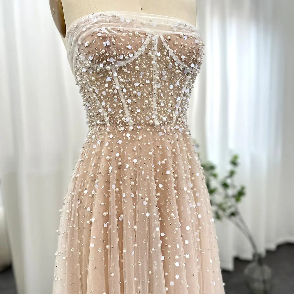 Luxury Pearls Strapless Evening Dress with Gloves SS373 - SHARONSAID Luxury Pearls Strapless Evening Dress with Gloves SS373 - SHARONSAID