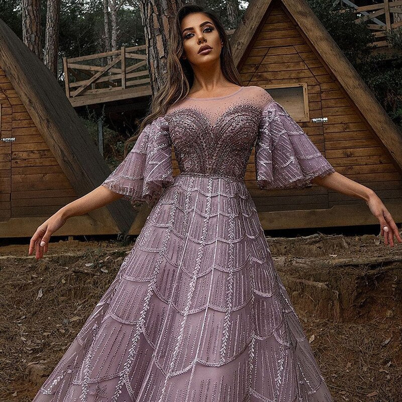 DreamyVow Luxury Dubai Pink Evening Dresses Flare Sleeve Burgundy Arabic Plus Size Formal Dress for Women Wedding Party 057