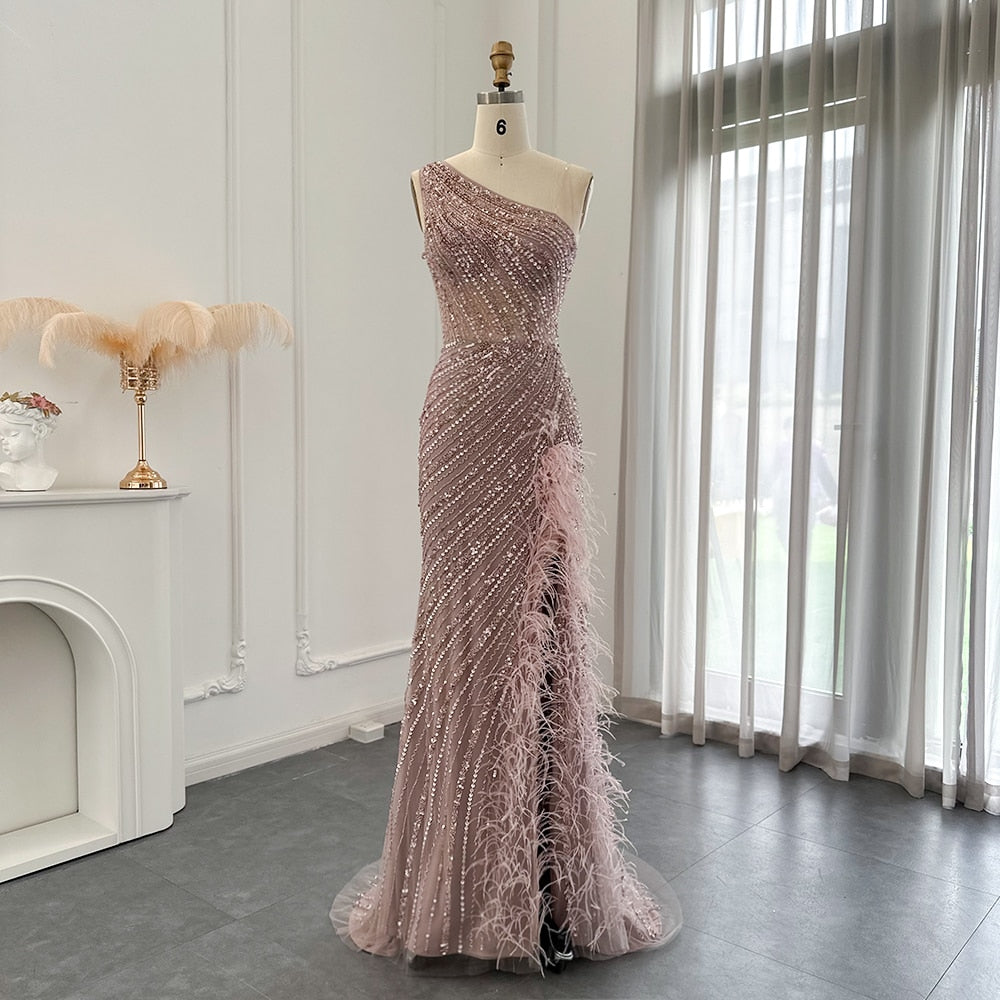 Dreamy Vow Luxury Dubai Pink Feathers Evening Dress One Shoulder High Slit Mermaid Prom Formal Dresses for Women Wedding 228