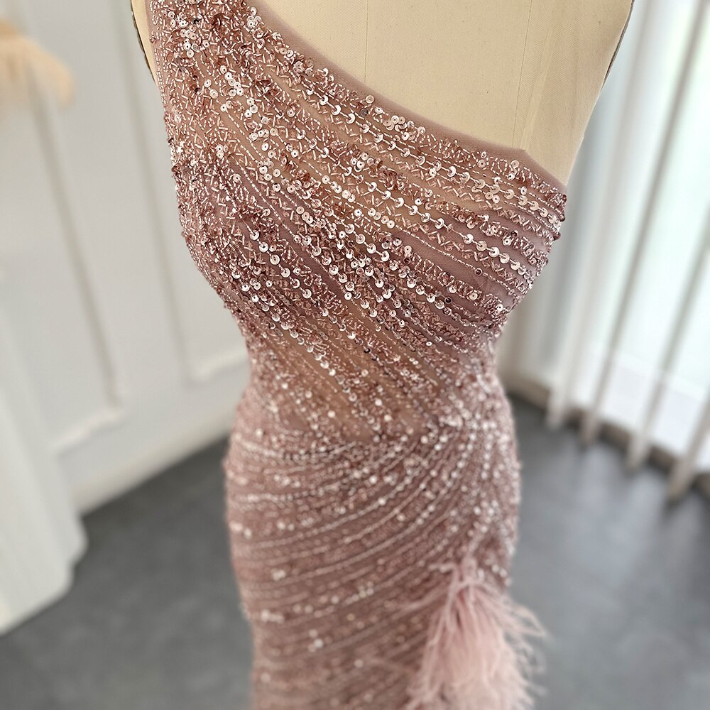 Dreamy Vow Luxury Dubai Pink Feathers Evening Dress One Shoulder High Slit Mermaid Prom Formal Dresses for Women Wedding 228