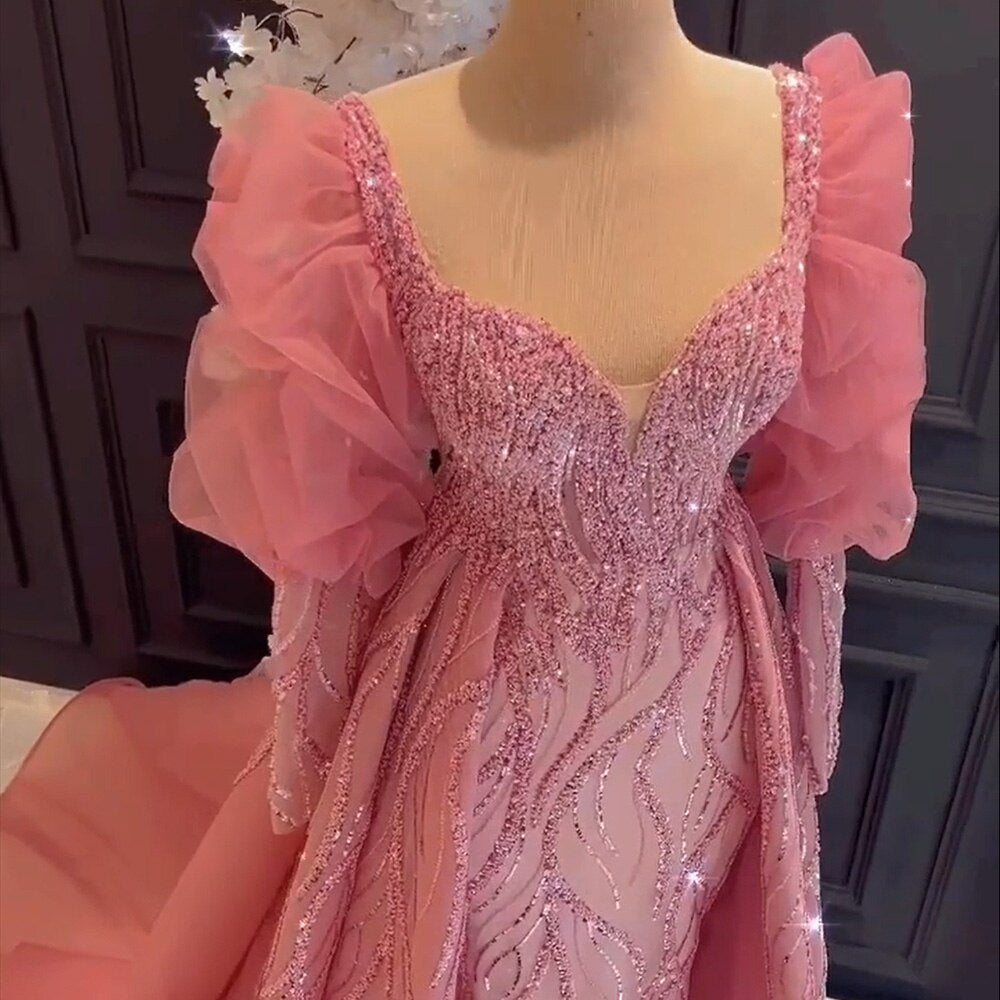 Dreamy Vow Luxury Dubai Pink Overskirt Evening Dress for Women Wedding Party Elegant Long Sleeve Muslim Formal Prom Gowns 254