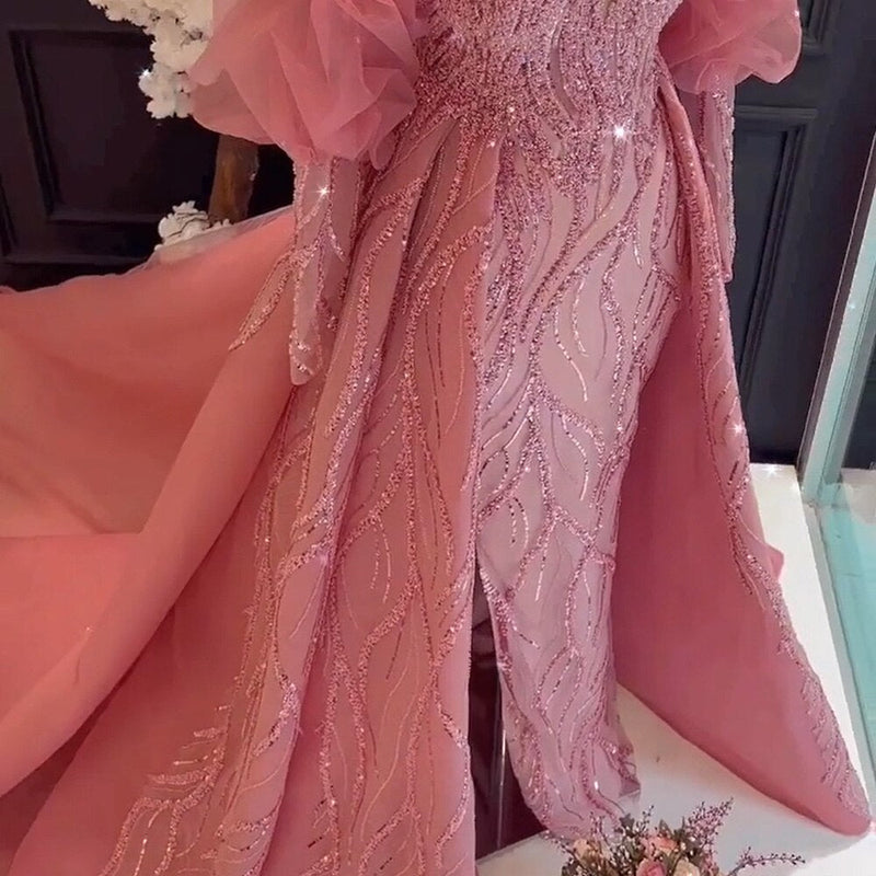 Dreamy Vow Luxury Dubai Pink Overskirt Evening Dress for Women Wedding Party Elegant Long Sleeve Muslim Formal Prom Gowns 254