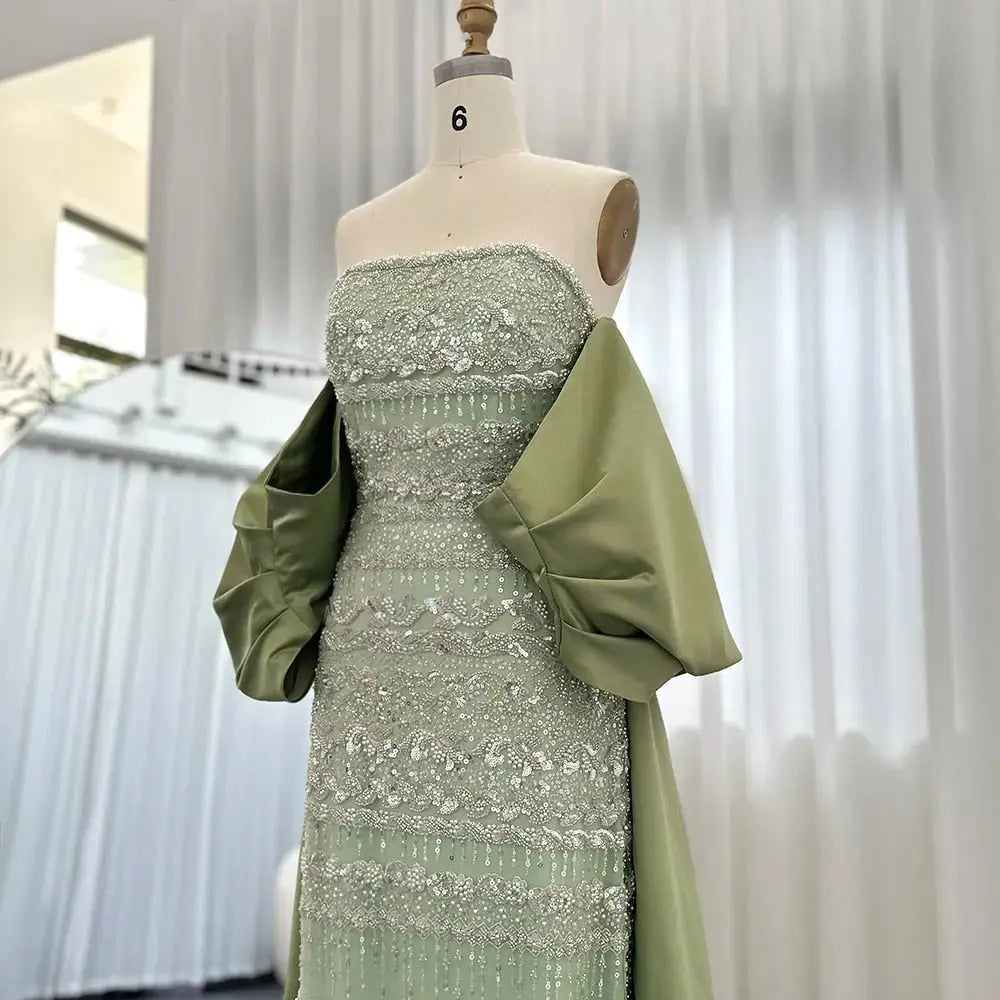 Luxury Sage Green Beaded Evening Dress with Cape SS238
