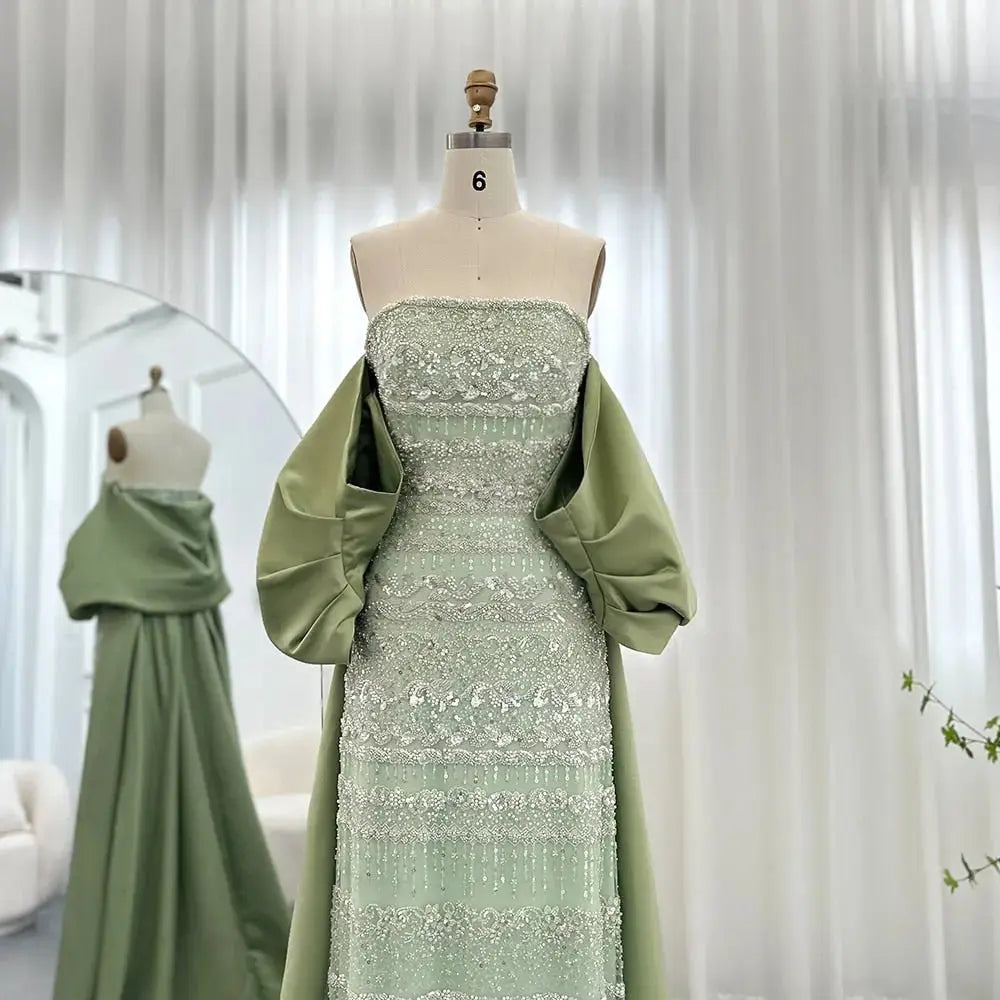 Luxury Sage Green Beaded Evening Dress with Cape SS238