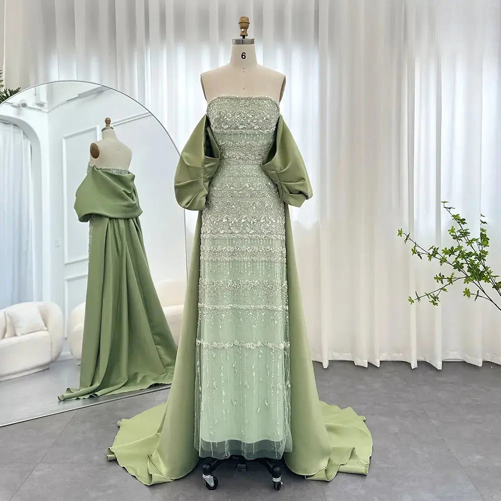 Luxury Sage Green Beaded Evening Dress with Cape SS238 Luxury Sage Green Beaded Evening Dress with Cape SS238
