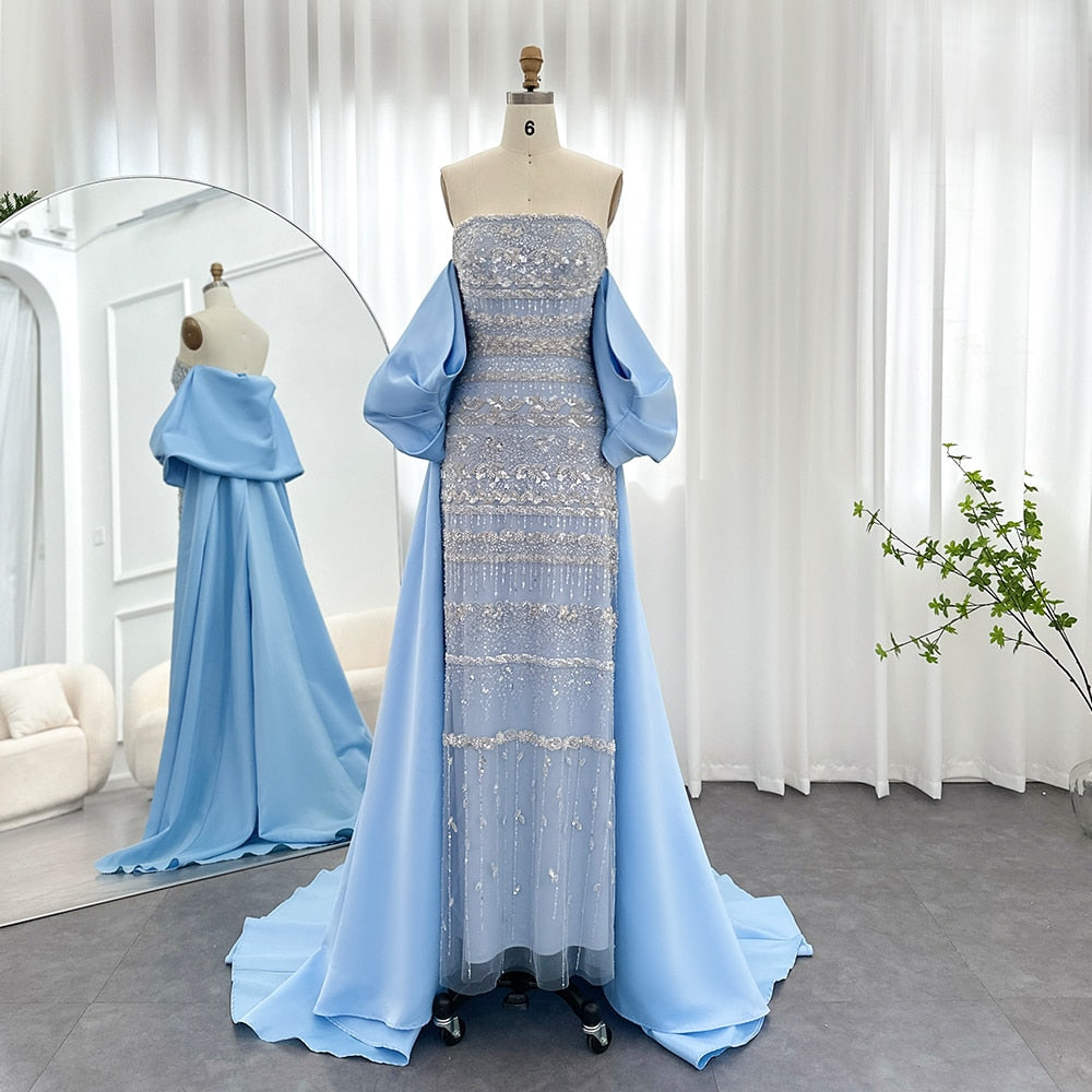 DreamyVow Luxury Dubai Sage Green Evening Dresses with Cape 2023 Arabic Blue Beaded Elegant Women Wedding Party Gowns 238