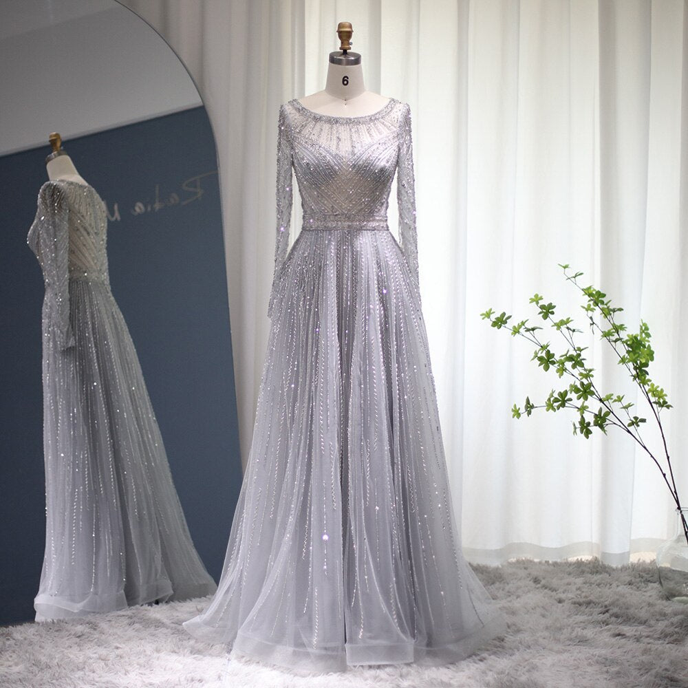 Dreamy Vow Luxury Dubai Silver Grey Evening Dress for Women Wedding Party Elegant Long Sleeve Beaded Muslim Formal Gowns 04