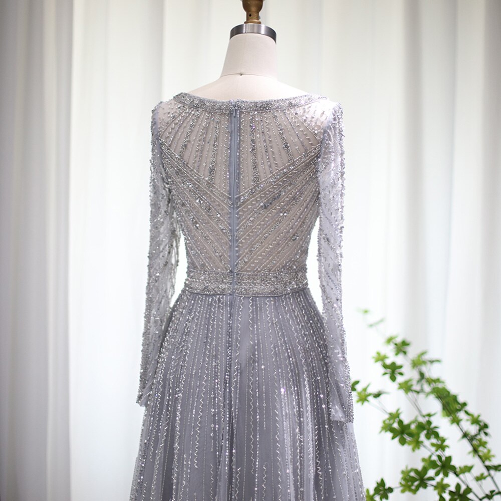 Dreamy Vow Luxury Dubai Silver Grey Evening Dress for Women Wedding Party Elegant Long Sleeve Beaded Muslim Formal Gowns 04