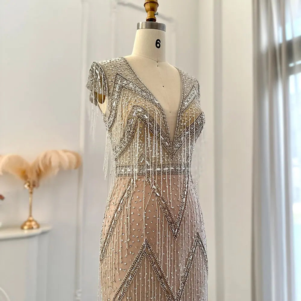 Final Sale Luxury Tassel Silver Mermaid Evening Dress SS029L Final Sale Luxury Tassel Silver Mermaid Evening Dress SS029L