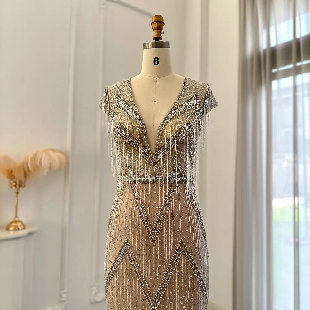 Final Sale Luxury Tassel Silver Mermaid Evening Dress SS029L Final Sale Luxury Tassel Silver Mermaid Evening Dress SS029L