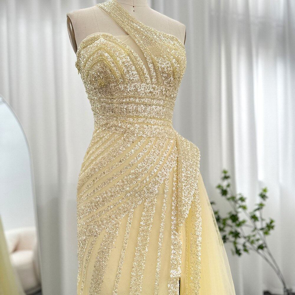Dreamy Vow Luxury Yellow One Shoulder Mermaid Evening Dresses for Woman Wedding Party High Split Prom Formal Gowns 325