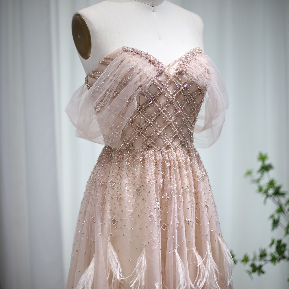 Dreamy Vow Luxury Feather Pink Dubai Evening Dresses Elegant Off Shoulder Beaded Champagne Formal Dress for Women Wedding 278