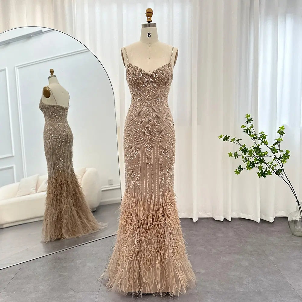 sachin and babi light blue dress Luxury Feathers Champagne Spaghetti Evening DressSS171