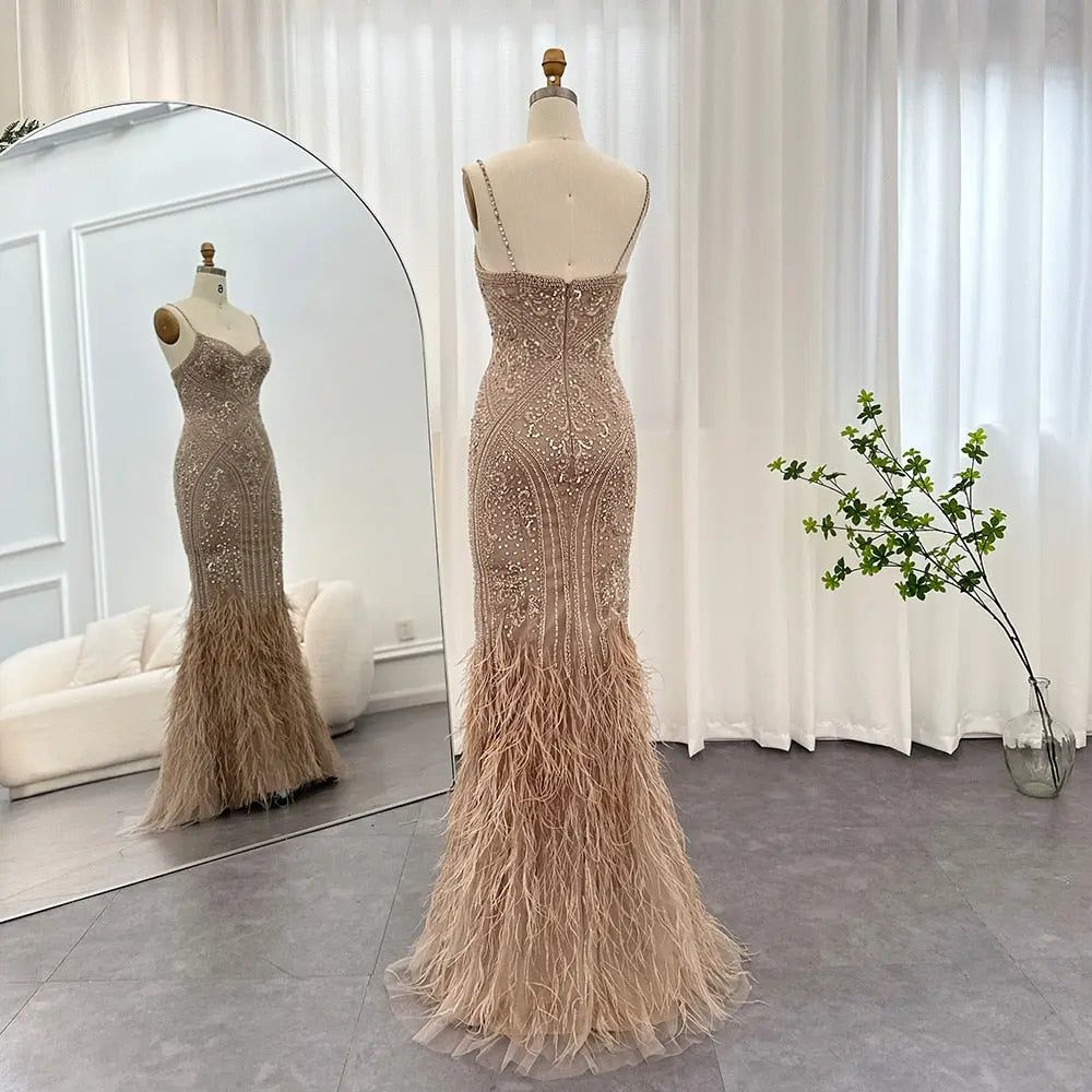 Luxury Feathers Champagne Spaghetti Evening DressSS171 - SHARONSAID Luxury Feathers Champagne Spaghetti Evening DressSS171 - SHARONSAID