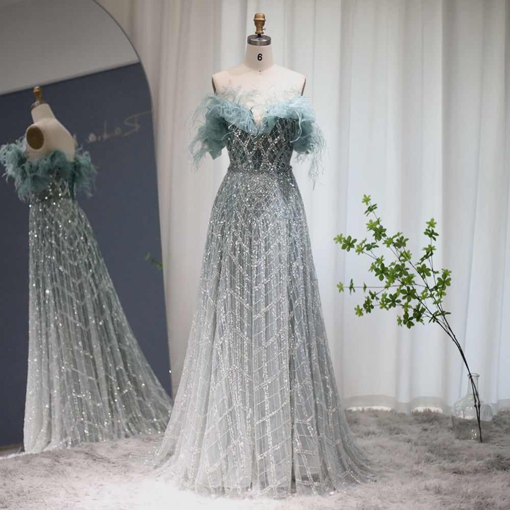 Dreamy Vow Luxury Feathers Green Dubai Evening Dresses 2023 Elegant Off Shoulder Long Formal Dress for Women Wedding Party 303