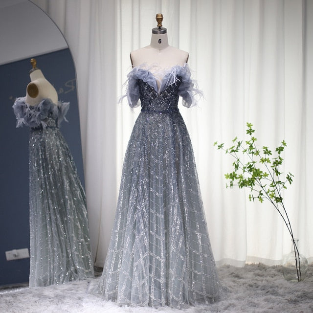 Dreamy Vow Luxury Feathers Green Dubai Evening Dresses 2023 Elegant Off Shoulder Long Formal Dress for Women Wedding Party 303