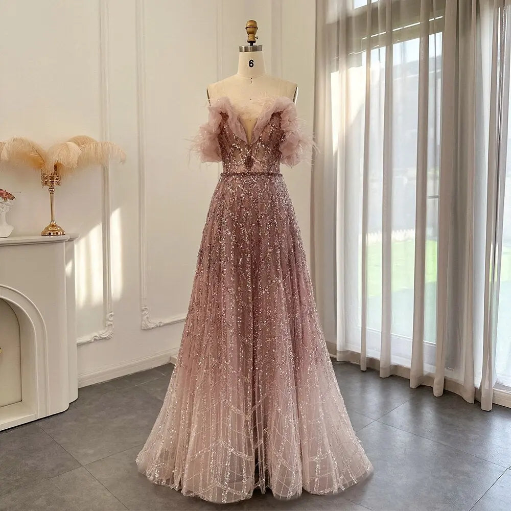 off shoulder dress dubai Final Sale Feathers Green Off Shoulder Evening Dress SS303