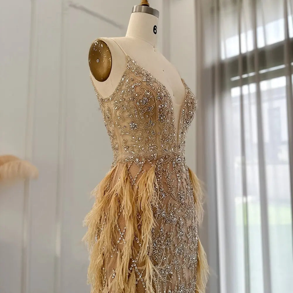 Final Sale Luxury Feathers Champagne Spaghetti Evening Dress SS374